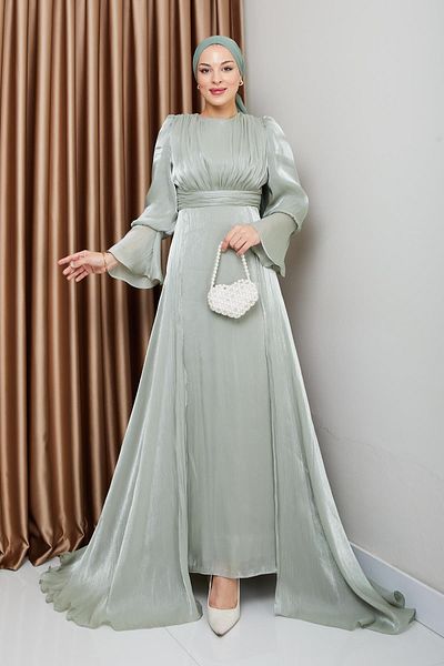 Olcay Hellgrüne Hijab-Abendkleider aus Seide – Yoryo-Kleid mit Cape-Rock 1235