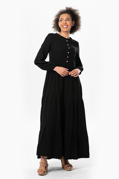 Eliş Şile Bezi Rochie de muselină de vară Akay cu mâneci lungi, cu nasturi lungi, negru negru