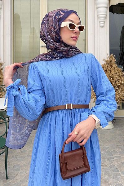 benguen Μπλε 1008-1 Λεπτομερές Φόρεμα Hijab