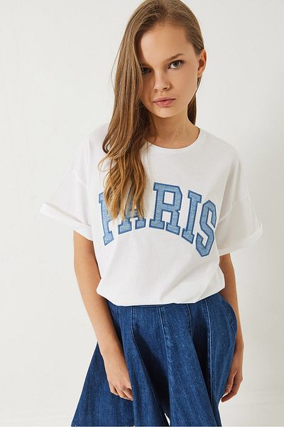 Bianco Lucci Tricou supradimensionat cu broderie Paris denim pentru femei 6007 60283087