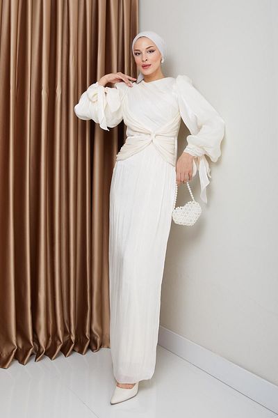 Olcay Yoryo Seiden-Hijab-Abendkleid – Volant, Schleife und Ärmel, Schnürung, EKRU 1224