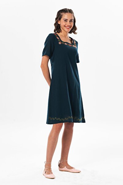 Eliş Şile Bezi Kısa Kol Şile Bezi Kare Yaka Narin Kısa Yazlık Elbise Petrol Ptrl