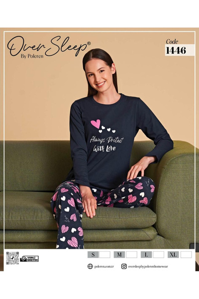 Over Sleep by Poleren Mürdüm Renkli Sıfır Yaka Uzun Kollu Kadın Pijama Takımı