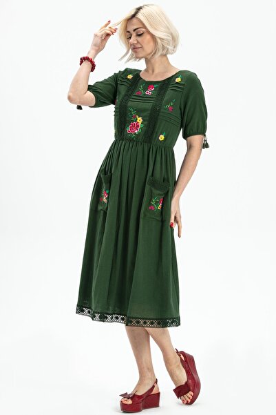 Eliş Şile Bezi Κοντομάνικο φόρεμα πόνυ - Πράσινο, απλό και μοντέρνο στυλ