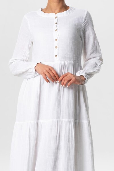 Eliş Şile Bezi Μακρυμάνικο Akay Λεπτομέρεια με μακριά κουμπιά Καλοκαιρινό μουσελίνα Φόρεμα Λευκό Byz