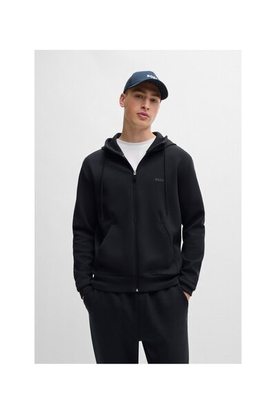 BOSS Logo baskılı esnek pamuklu fermuarlı kapüşonlu üst