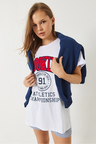 Bianco Lucci Women's Brooklyn Printed Oversize Combed Cotton Basic T-Shirt 60283083