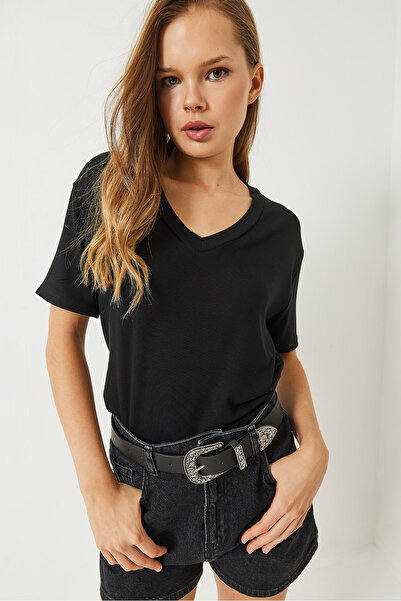 Bianco Lucci Γυναικείο μπλουζάκι βισκόζης με κοντό μανίκι V λαιμόκοψη 3077 60283074