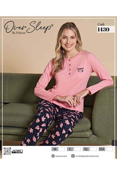 Over Sleep by Poleren Powder Colored Women's Long Sleeve Pajama Set with Crew Neck