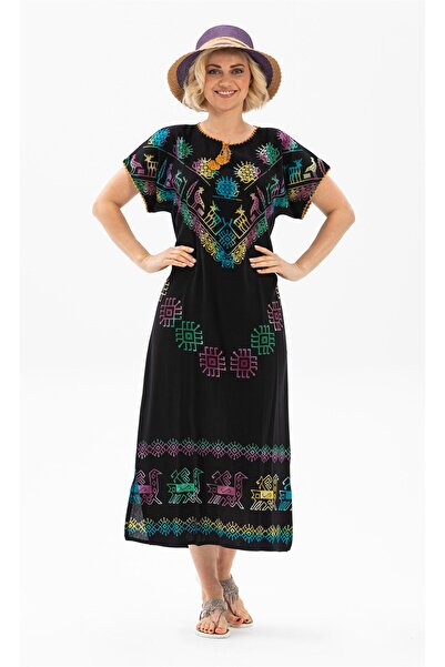 Eliş Şile Bezi فستان قصير الأكمام من القطن الهيتي طويل صيفي عرقي، لون غزال، لون Gyk ملون