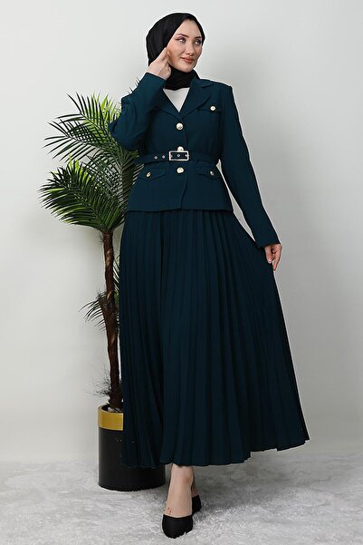 GİYZAMİLA Gold Detail Skirt Suit Dark Petrol