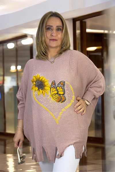 yagmurberen Heart Patterned Boat Neck Pocket Tassel Detail Large Size Italian Mercerized Bluz Sweater.