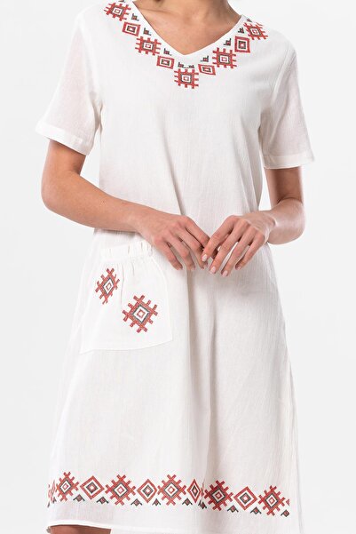 Eliş Şile Bezi Κοντό μανίκι Sile υφασμάτινο πέτο με διπλό στήθος κεντημένο τούλι Μίντι μήκος καλοκαιρινό αυθεντικό φόρεμα κρέμα χρώματος