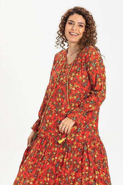 Eliş Şile Bezi Voál s dlouhým rukávem Gonca Dlouhé letní šaty Bud vzor oranžová 6168