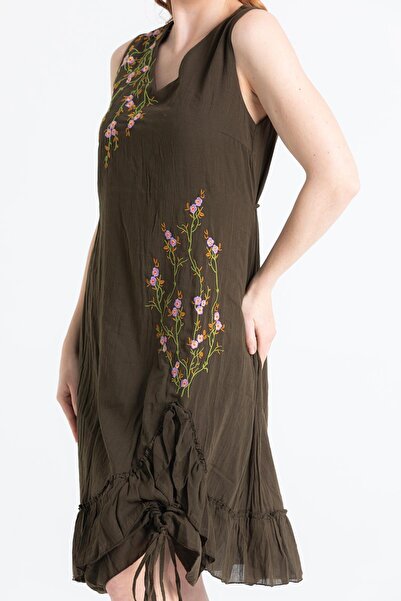 Eliş Şile Bezi Sleeveless Voile Candan Slit Midi Length Summer Dress Khaki Hk