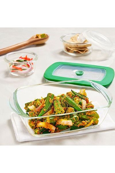 Borosil Square Cake Dish With Green Lid, Microwave, Oven And Dishwasher Proof