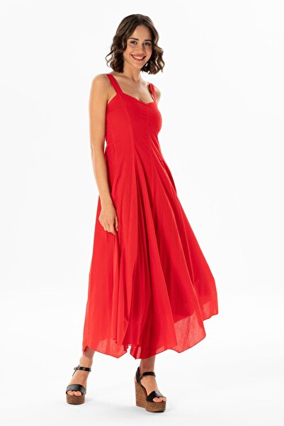 Eliş Şile Bezi Red-Krmz Strappy Voile Emel Long Summer Dress