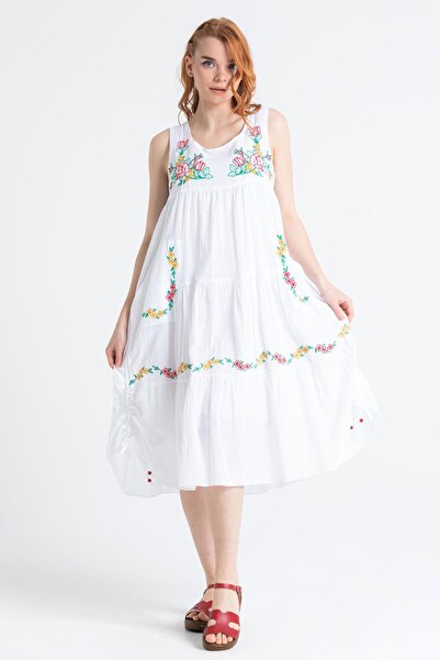 Eliş Şile Bezi Rochie fără mâneci lungime midi alb Byz, broderie Voile Ahsen Summer