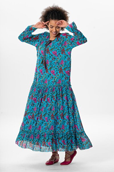 Eliş Şile Bezi Long Sleeve Voile Gonca Long Summer Dress Poppy Pattern Turquoise Striped 6156