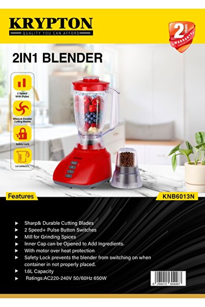 KRYPTON 2-in-1 Blender 650w, 2 Speed & Pulse, Unbreakable Jars, Grinder For Smoothies, Nuts & Beans