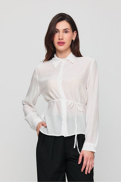 Human Base Women's White Waist Tie Detailed Long Sleeve Shirt