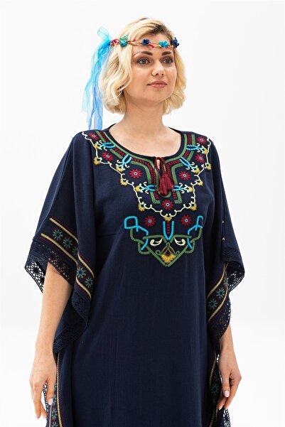 Eliş Şile Bezi Довге літнє автентичне плаття з коротким рукавом Sile Cloth Gülseren темно-синє Lcvt