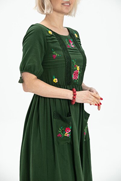 Eliş Şile Bezi Κοντομάνικο φόρεμα πόνυ - Πράσινο, απλό και μοντέρνο στυλ