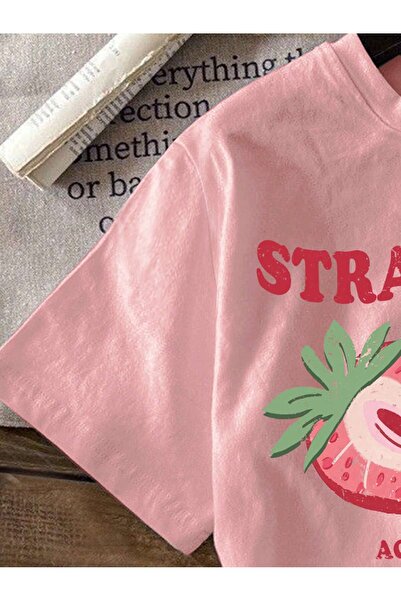 PENTHİLUS 2-Piece Set of Strawberry Cartoon Printed Pink Short-Sleeved T-Shirt and Black Shorts
