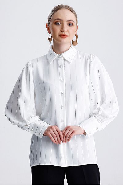MD trend Cămașă oversize din satin pentru femei, cu mâneci cu balon, cu dungi și cu șnur