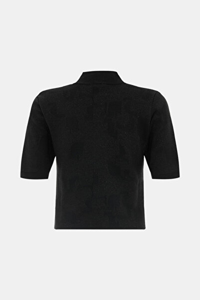 W Collection Black Stand Collar Short Sleeve Jacquard Sweater