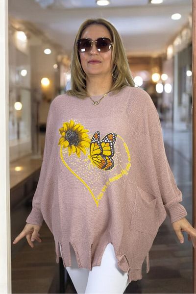 yagmurberen Heart Patterned Boat Neck Pocket Tassel Detail Large Size Italian Mercerized Bluz Sweater.