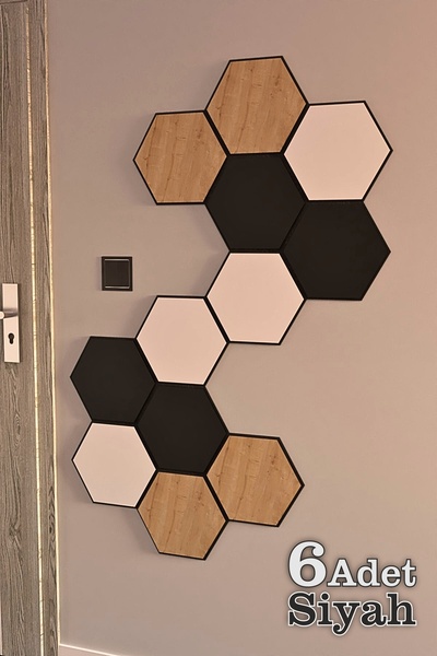 İdil Panel Ahşap Altıgen Petek Duvar Paneli 6 Adet Siyah Akustik 19,5x17cm