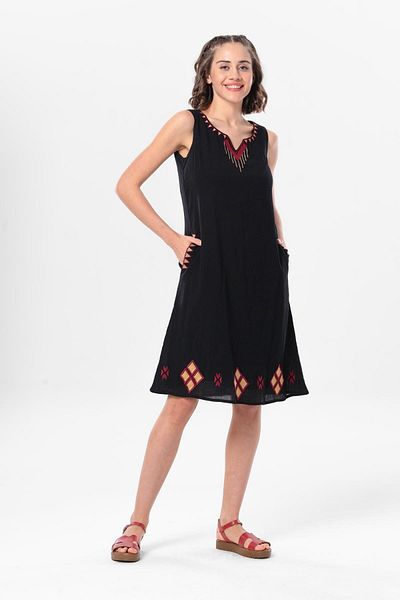 Eliş Şile Bezi Sleeveless Sile Cloth Lily Embroidered Short Summer Authentic Dress Black Syh