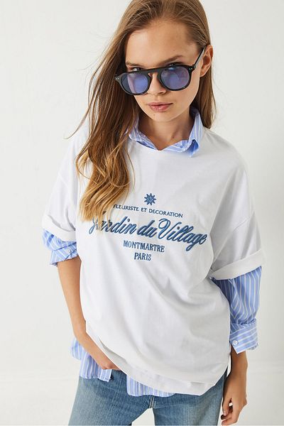 Bianco Lucci Tricou de bază oversize cu broderie pentru femei 6008 60283089