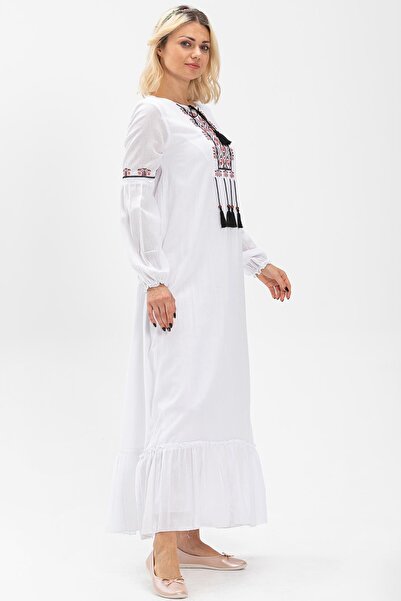 Eliş Şile Bezi Μακρυμάνικο ύφασμα Şile Seher Μακρύ Μουσουλμανικό Φόρεμα Λευκό Byz