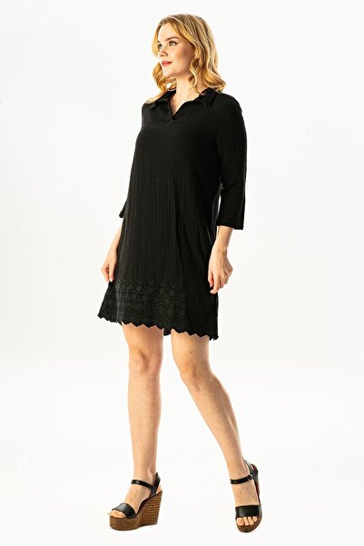 Eliş Şile Bezi Κέντημα γιακά πουκάμισου με μανίκια τριών τετάρτων Λεπτομερές κοντό καλοκαιρινό μουσελίνα φόρεμα μαύρο Syh