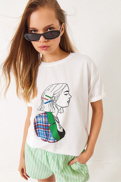 Bianco Lucci Tricou de damă, imprimat supradimensionat, cu mânecă scurtă din bumbac pieptănat 3072 60283080