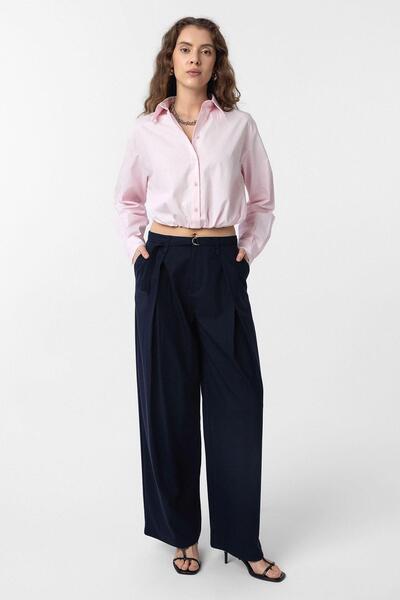 Antioch Navy Blue Belted Pleated Women's Trousers