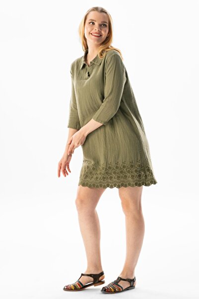 Eliş Şile Bezi Κέντημα γιακά πουκάμισου με μανίκια τριών τετάρτων Λεπτομερές κοντό καλοκαιρινό μουσελίνα φόρεμα Khaki Hk