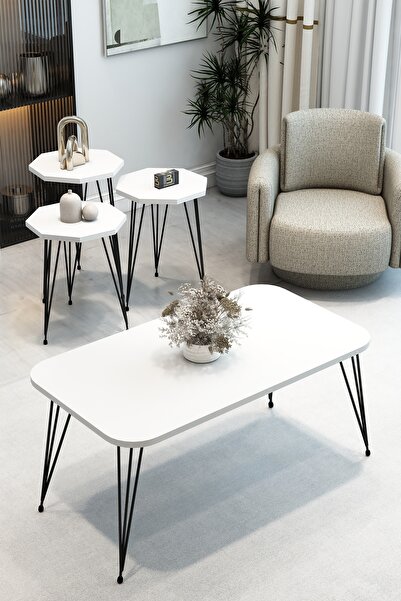 BARIN DESIGN 3'Lü Sekizgen Zigon Sehpa ve Dikdörtgen Orta Sehpa Takımı Modern...