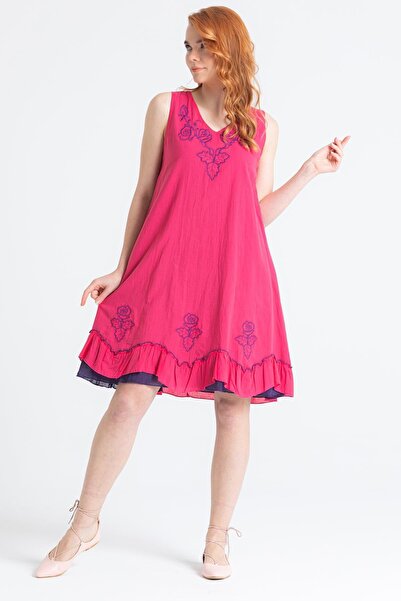 Eliş Şile Bezi Kolsuz Vual Jülide Midi Boy Yazlık Elbise Pembe Pmb