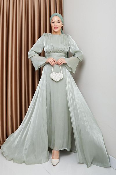 Olcay Hellgrüne Hijab-Abendkleider aus Seide – Yoryo-Kleid mit Cape-Rock 1235