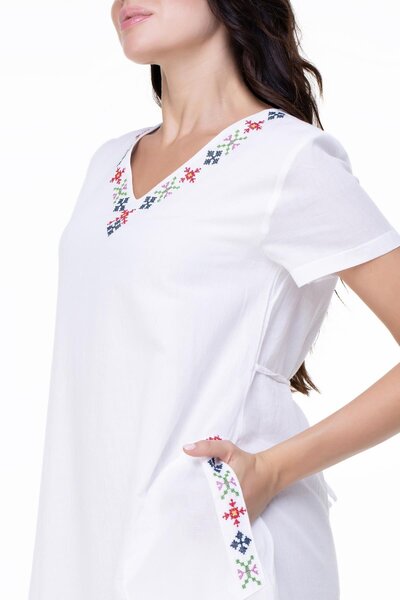 Eliş Şile Bezi Mânecă scurtă Voile Moonlight Broderie Detaliată Lungime Midi Rochie Autentică de Vară Alb Byz