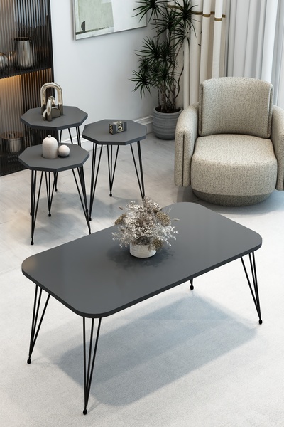 BARIN DESIGN 3'Lü Sekizgen Zigon Sehpa ve Dikdörtgen Orta Sehpa Takımı Modern...