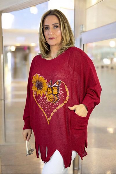 yagmurberen Heart Patterned Boat Neck Pocket Tassel Detail Large Size Italian Mercerized Bluz Sweater.