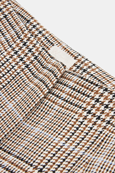 W Collection KAHVE BOL PAÇA YÜKSEK BEL EKOSE PANTOLON