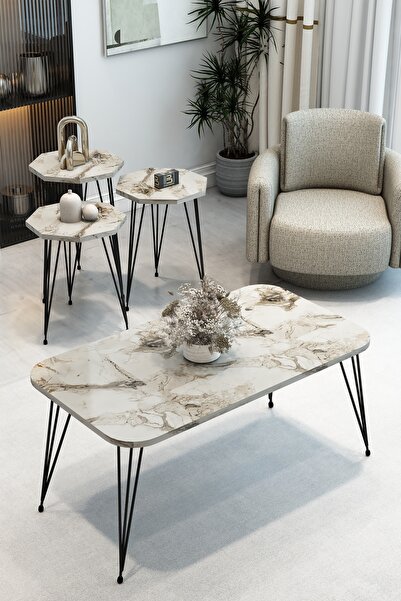 BARIN DESIGN 3'Lü Sekizgen Zigon Sehpa ve Dikdörtgen Orta Sehpa Takımı Modern...