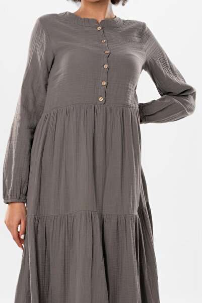 Eliş Şile Bezi Long Sleeve Akay Long Button Detail Summer Muslin Dress Gray Gray