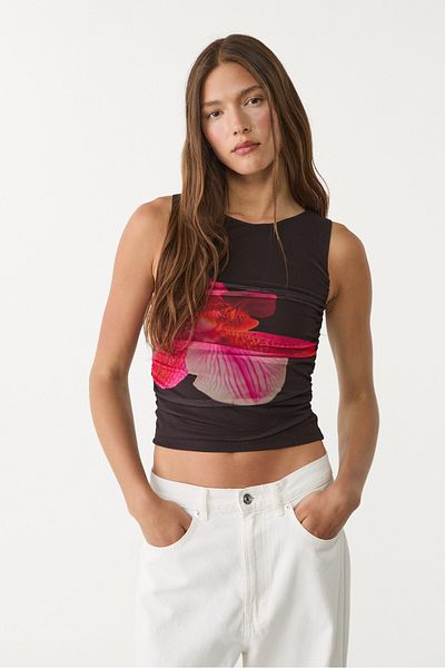 Stradivarius Tulle top with hibiscus details