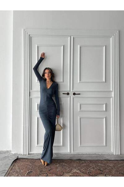 hillone Kadın Büzgü Detaylı V Yakalı Uzun Sandy Elbise Siyah